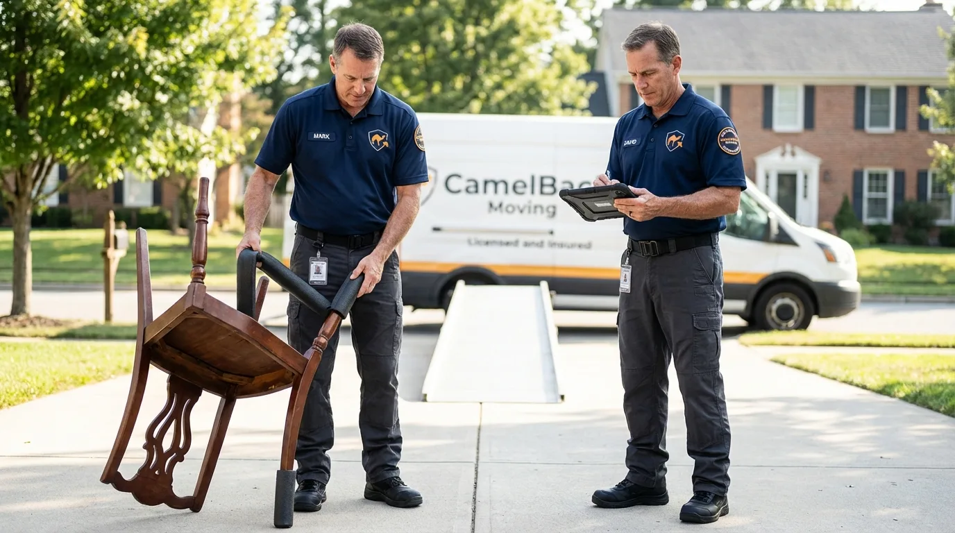 Movers inspecting furniture for damage prevention before loading in Wrightsville, GA