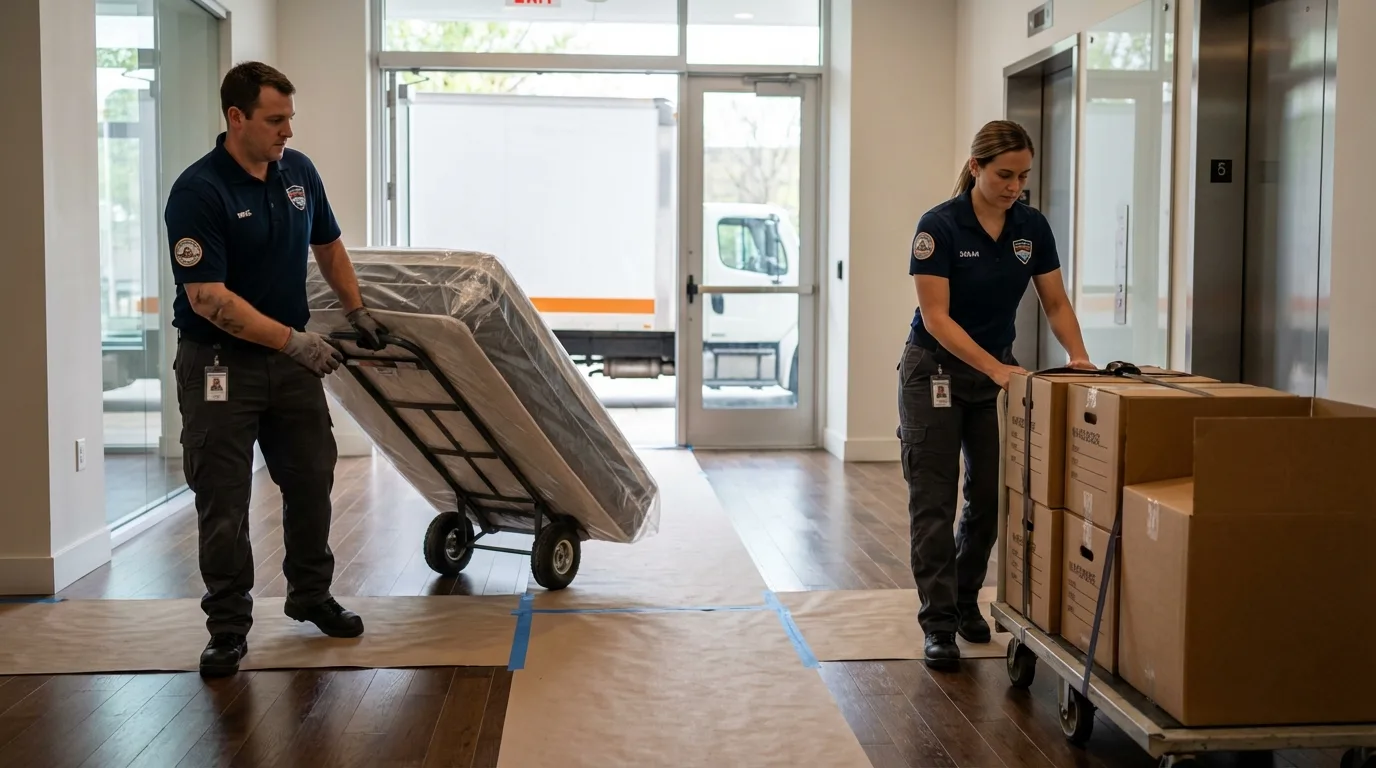 Professional apartment movers loading elevator in Wrightsville, GA