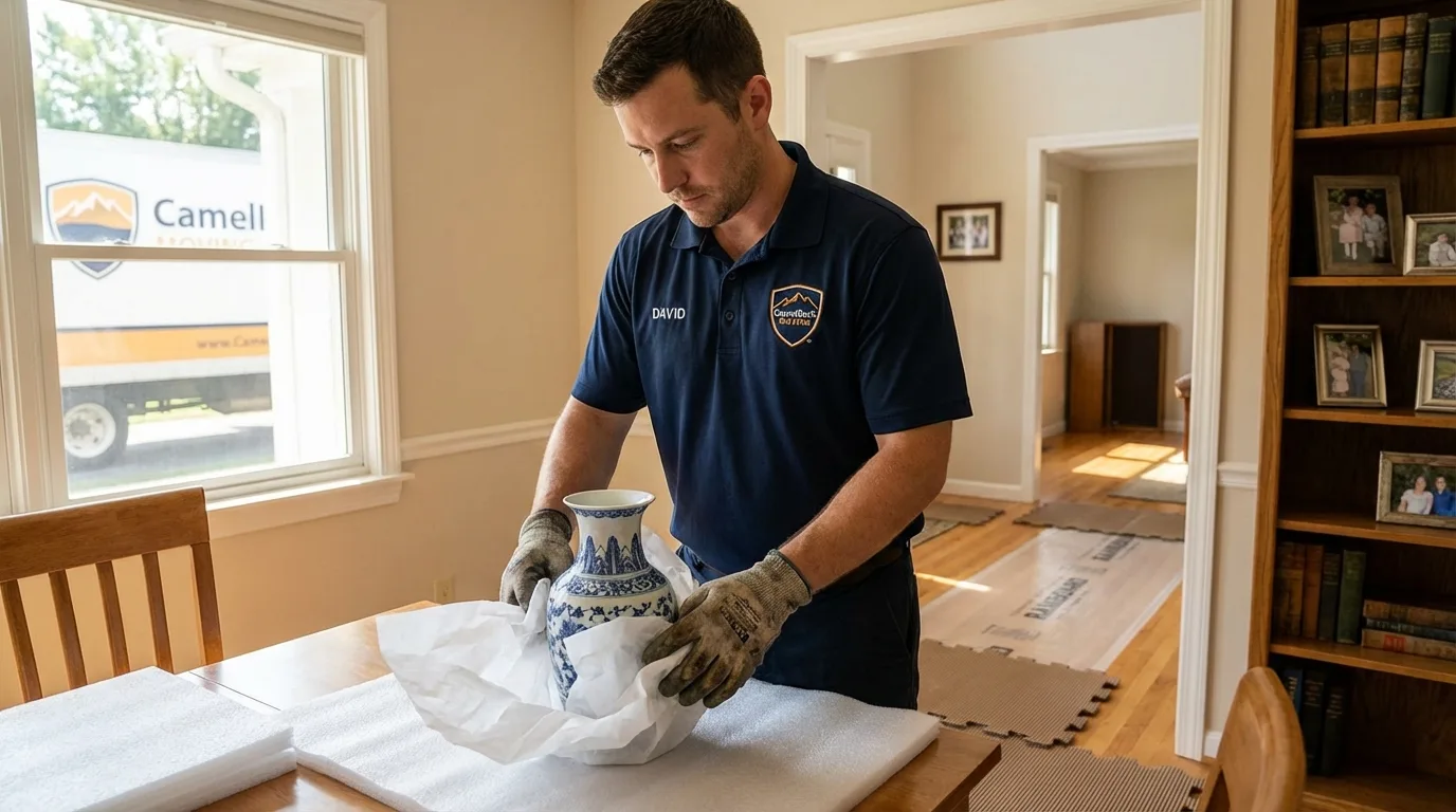 Professional crew carefully wrapping antique vase for senior downsizing move in Wrightsville, GA